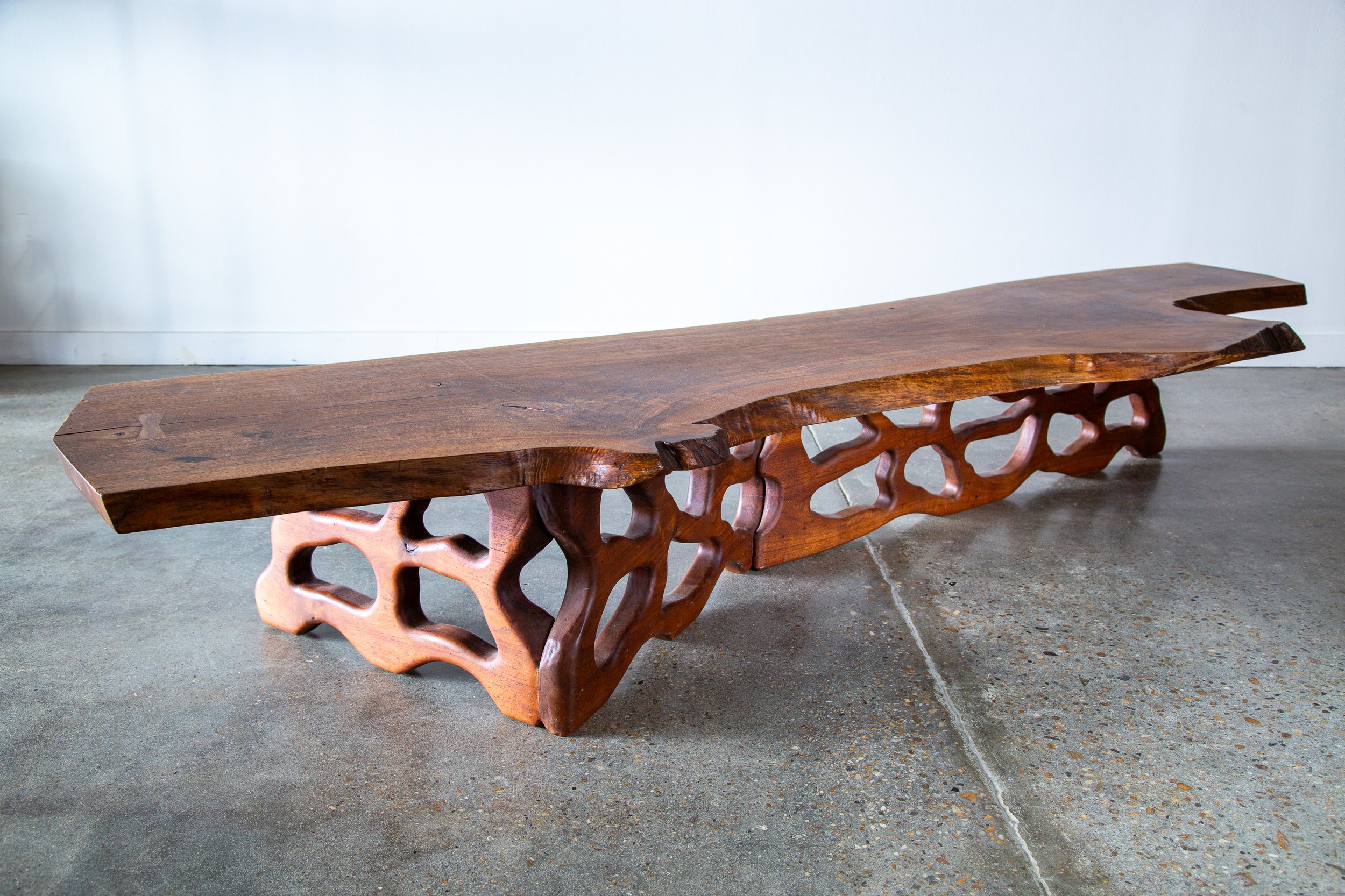 1972 Live Edge Walnut Coffee Table by Gino Russo organic Carved